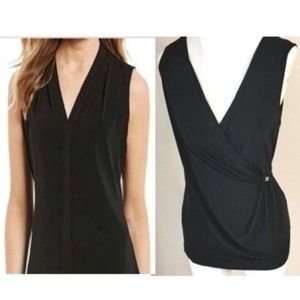Calvin Klein BLACK Sophisticated V-Drop CAREER Top BLACK Sleeveless Gold Sz S
